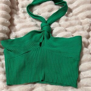 SHEIN Emerald Green Ribbed Halter Knot Crop Top
